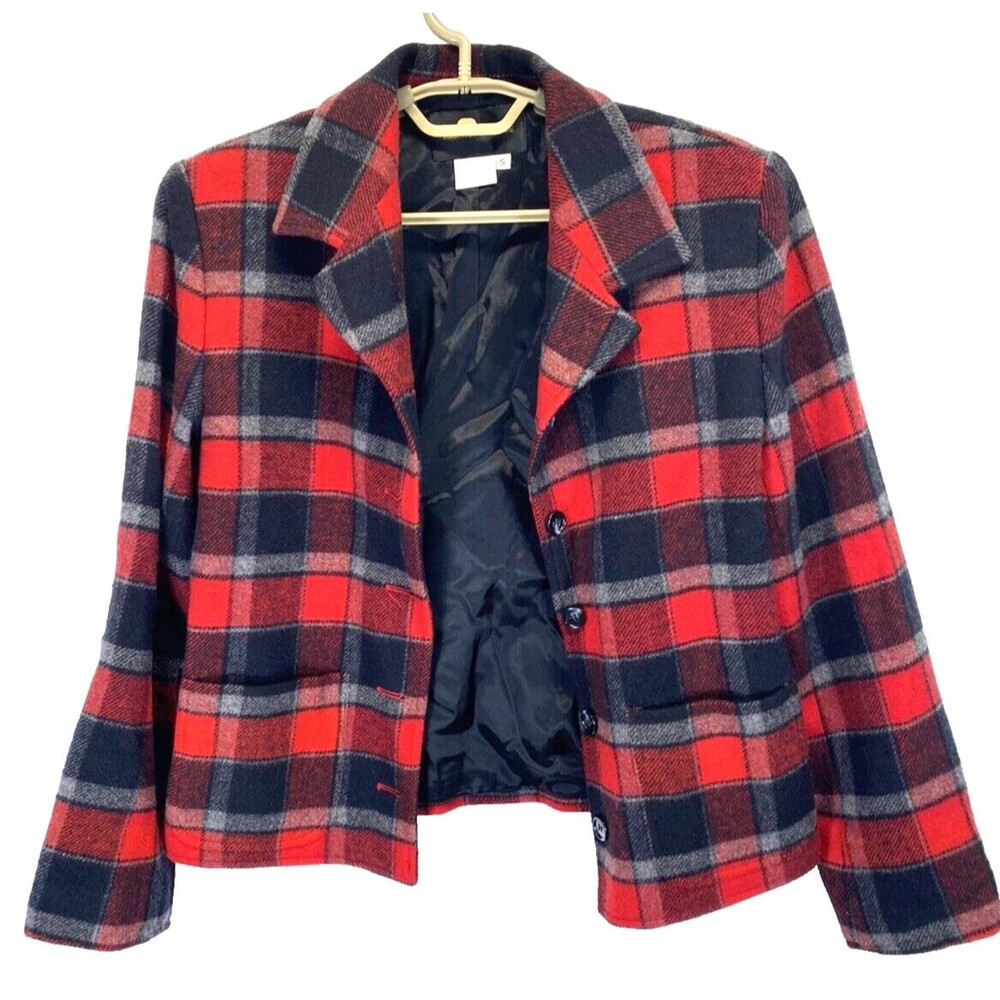 Harris Wallace Jacket Womens Small Black/Red Plaid Lined Wool Blazer RN70093